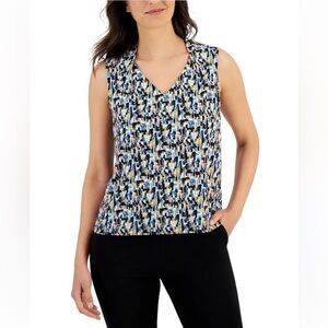 Rose + Olive V-Neck Sleeveless Geometric Printed Top Sz L